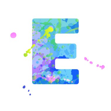 Kalın E harfi. Mavi, yeşil, pembe renklerde, beyaz arkaplanda izole edilmiş sıvı boya lekeleri var. Broşür, poster, takvim, kapak, başlık tasarımı için dekorasyon unsuru. Vektör EPS10