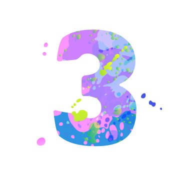 3 numara, mavi, yeşil ve pembe renkli sıvı boya lekeleri, beyaz arka planda izole edilmiş. Broşür, poster, takvim, kapak, başlık tasarımı için dekorasyon unsuru. Vektör EPS10