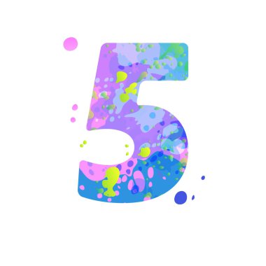 5 numara, mavi, yeşil, pembe renklerdeki sıvı boya lekeleri, beyaz arka planda izole edilmiş. Broşür, poster, takvim, kapak, başlık tasarımı için dekorasyon unsuru. Vektör EPS10