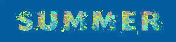 L'été. Typographie vectorielle avec des taches multicolores de peinture sur fond bleu. — Image vectorielle