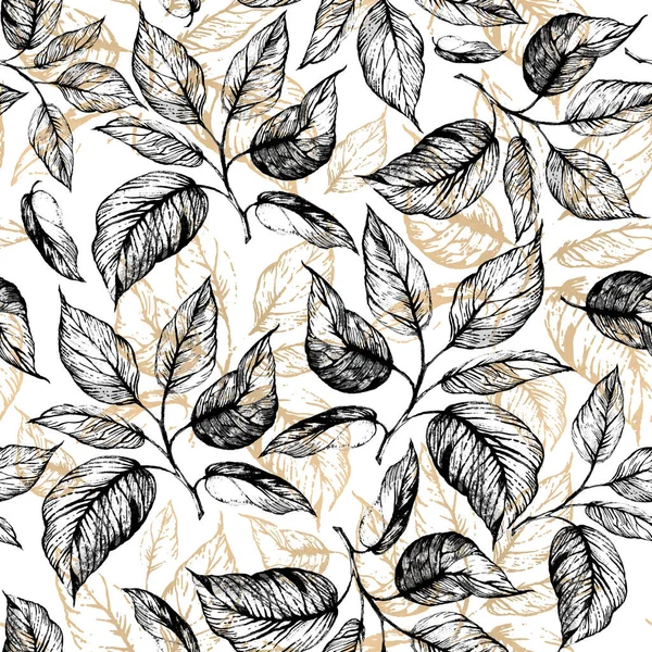 Patrón sin costuras - Ramita dibujada a mano con hojas en escamas grises y contorno de hojas de lámina dorada sobre fondo blanco —  Fotos de Stock