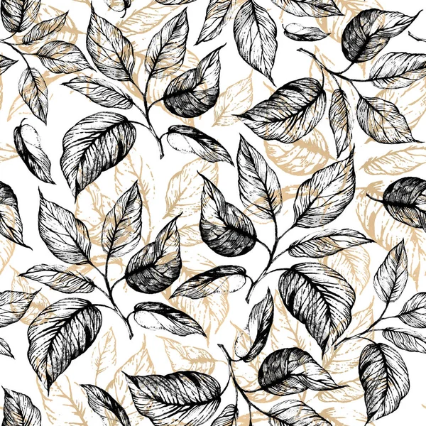 Seamless pattern - Hand drawn twig with leaves in gray scale and leaves contour of golden foil on white background