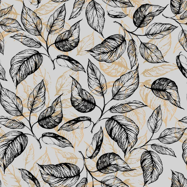 Naadloos patroon - Handgetekende takje met bladeren in grijze schaal en bladeren contour van gouden folie op grijze achtergrond — Stockfoto