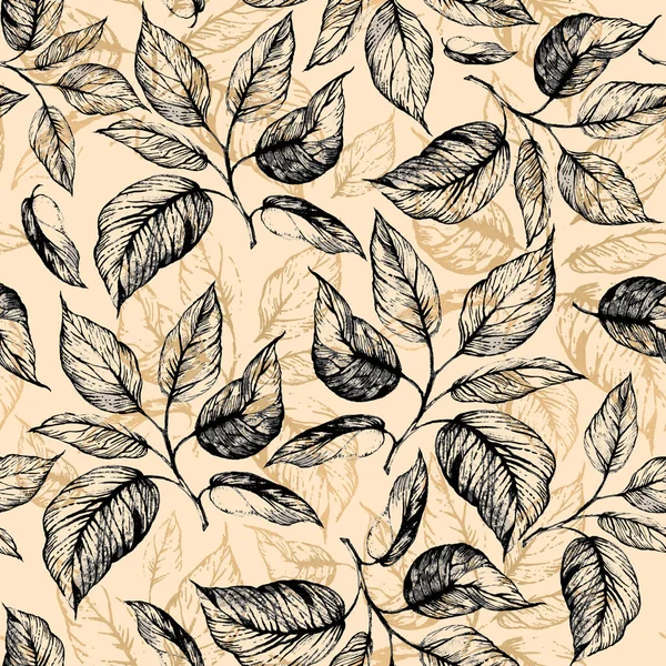 Płynny wzór - Ręcznie rysowana gałązka z liśćmi w skali szarości i liśćmi konturu złotej folii na beżowym tle — Zdjęcie stockowe