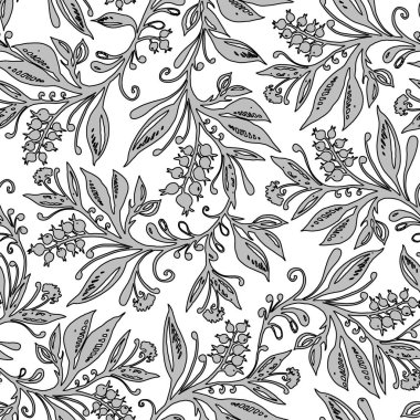 Yaprakları ve böğürtlenleri gri tonda olan dikişsiz çiçek deseni. El çizimi.