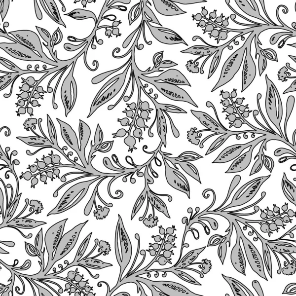 Floral seamless pattern with leaves and berries in grayscale. Hand drawing.