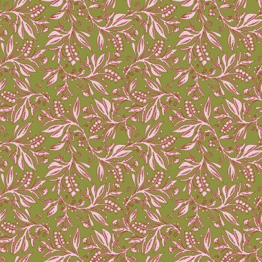 Yapraklar ve böğürtlenler açık yeşil ve pembe palette.