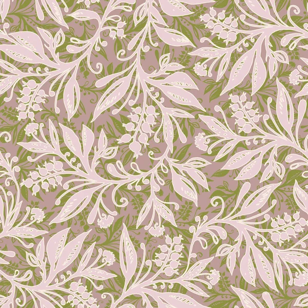 Motif floral sans couture avec des feuilles et des baies dans la palette rose vert chartreuse — Image vectorielle