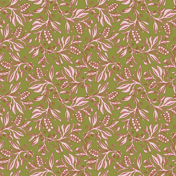 Motif floral sans couture avec feuilles et baies dans la palette vert chartreuse et rose — Image vectorielle