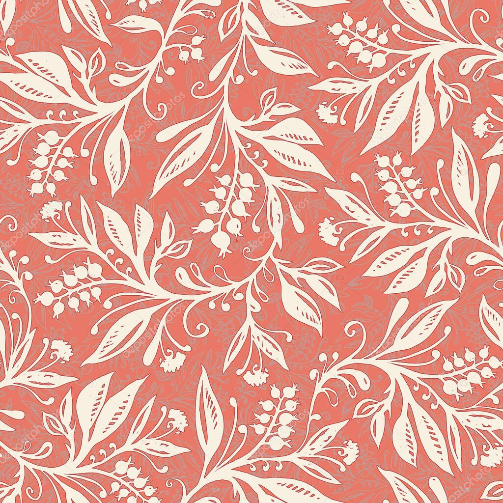 Floral seamless pattern with leaves and berries in coral and cream colors
