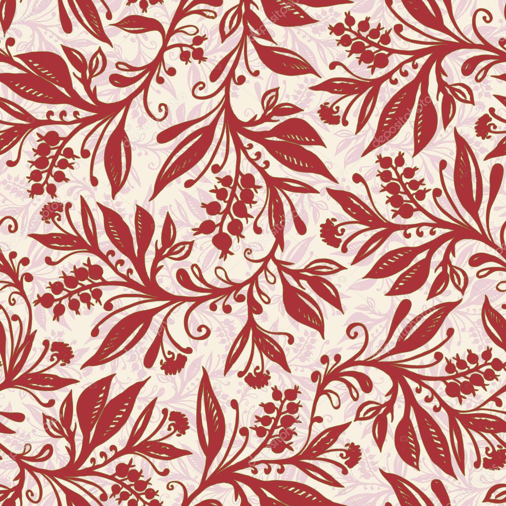 Floral seamless pattern with leaves and berries in wine red, pink and cream colors