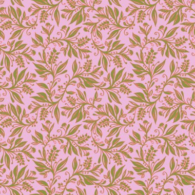 Yapraklar ve mercan, pembe ve açık yeşil renkli böğürtlenli çiçek deseni