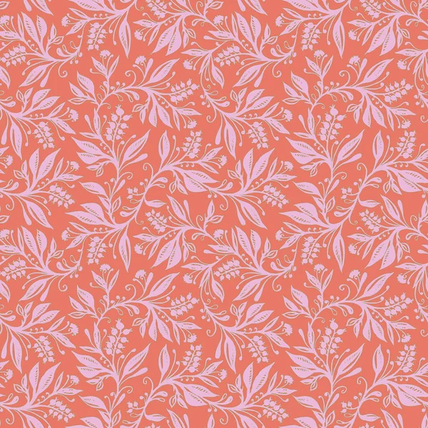 Цветочный бесшовный узор с листьями и ягодами в коралловом, розовом и зеленом цветах — стоковый вектор