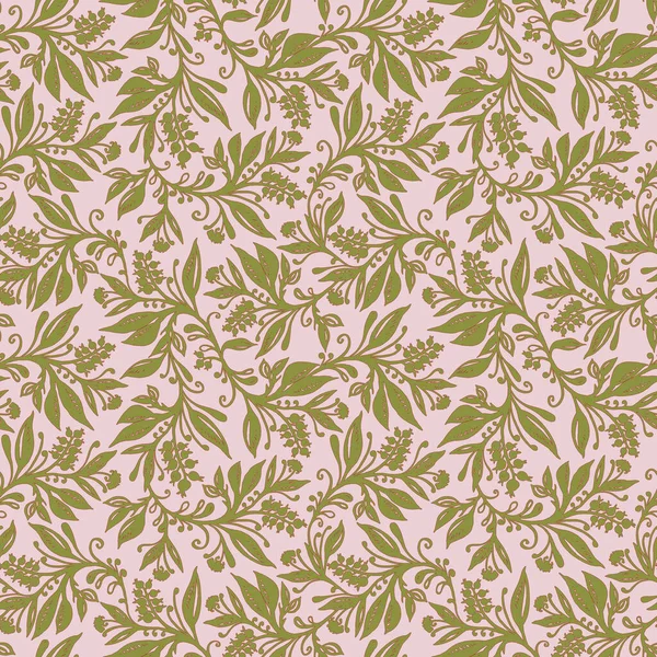 Motif floral sans couture avec des feuilles et des baies en vert chartreuse, couleurs roses — Image vectorielle
