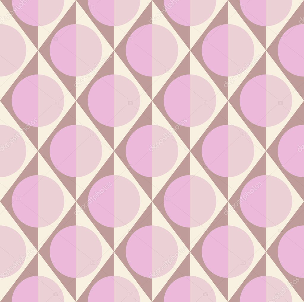 Simple geometric seamless pattern of rhombuses, triangles and circles in pale taupe, cream and pink