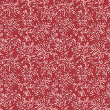 Çiçeksiz desenli, yapraklı ve meyveli kırmızı ve krem renkli.