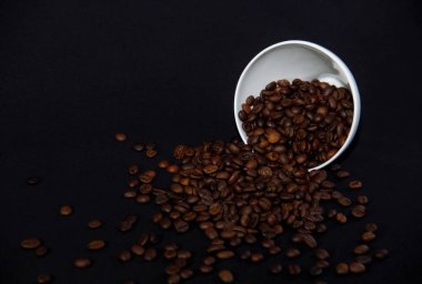kahve çekirdekleri ve siyah arka plan üzerine Kupası