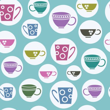 Tatlı su bardağı ve kupalar beyaz daire ile vektör yeşil bahçe çay partisi sorunsuz tekrar desen arka plan. Kumaş, duvar kağıdı, hediye paketi, scrapbooking vb için mükemmel.