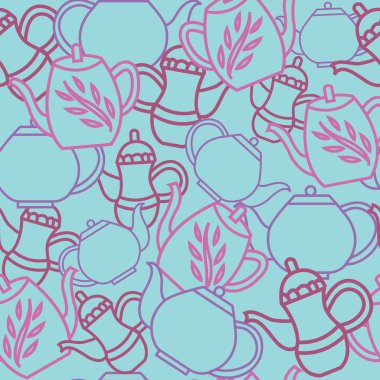 Şirin çaydanlıklar ile vektör mavi Bahçe çay partisi sorunsuz tekrar desen arka plan. Kumaş, duvar kağıdı, hediye paketi, scrapbooking vb için mükemmel.