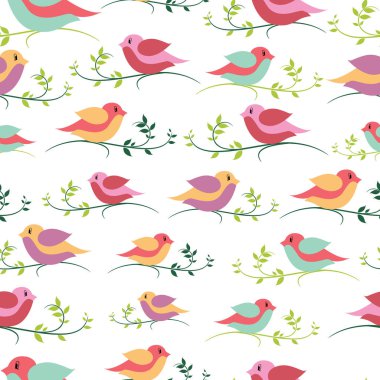 Yaprak sapı dikişsiz desen arka plan ile güzel çok renkli vektör kuşlar
