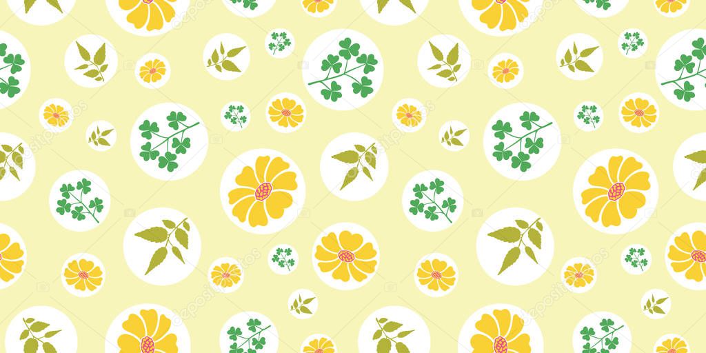 Vector yellow sunflower with green leafs seamless