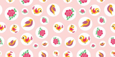 Vektör kuşlar ve güller beyaz daire üzerinde sorunsuz