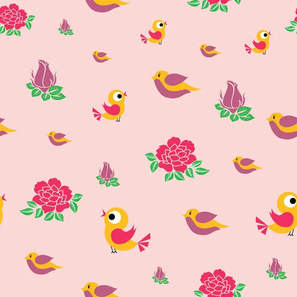 Vector cute birds and roses flowers seamless
