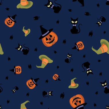 Mavi vektör cadılar bayramı kedileri, balkabakları, yarasalar ve