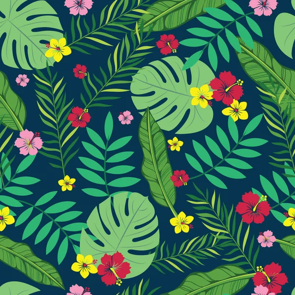 Beau vecteur hibiscus, fleur de plumeria avec des feuilles tropicales dans un style de couleur à la mode fond de motif sans couture — Image vectorielle