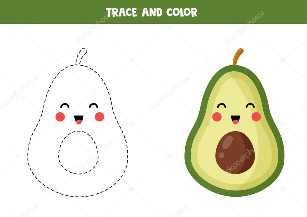 picture Avocado Coloring Page trace and color cute kawaii avocado