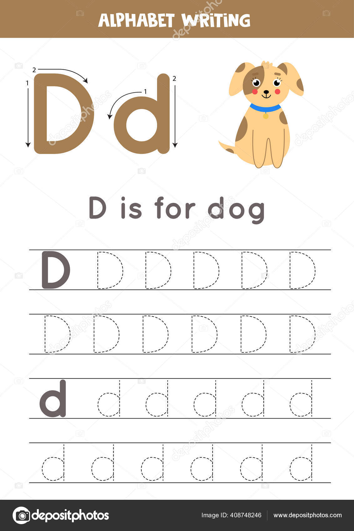 D is for dog. Tracing English alphabet worksheet. Stock Vector Pertaining To Letter D Worksheet For Preschool