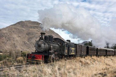 Esquel, Argentina - April 28, 2018: La Trochita (official name: Viejo Expreso Patagonico), in English known as the Old Patagonian Express, using steam locomotives clipart