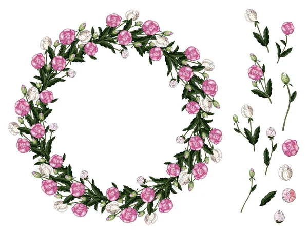 Decorative spring wreath of flowers and leaves of peony. Components of a wreath.