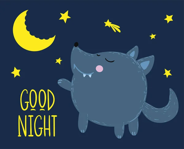 Roztomilý Vlk si přeje dobrou noc. Design pro děti. — Stockový vektor