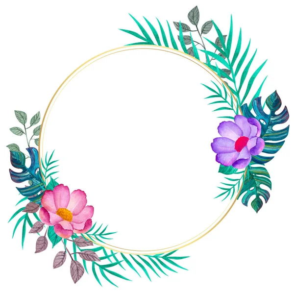 Tropical leaves and various bright flowers. Round frame.