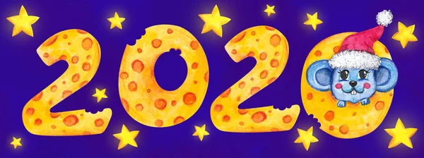 Nuevo año 2020. Los números de queso. Acuarela —  Fotos de Stock
