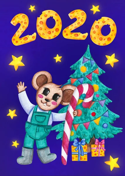 Ratón sosteniendo un caramelo de Navidad. Nuevo año 2020 . —  Fotos de Stock