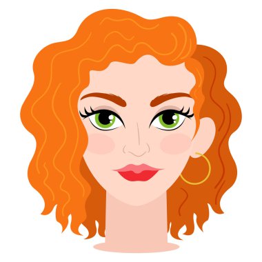 Yeşil gözlü kızıl kıvırcık saçlı kadın. Vektör.