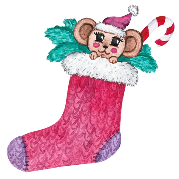 Рождественская мышь в красной шляпе сидит — стоковое фото