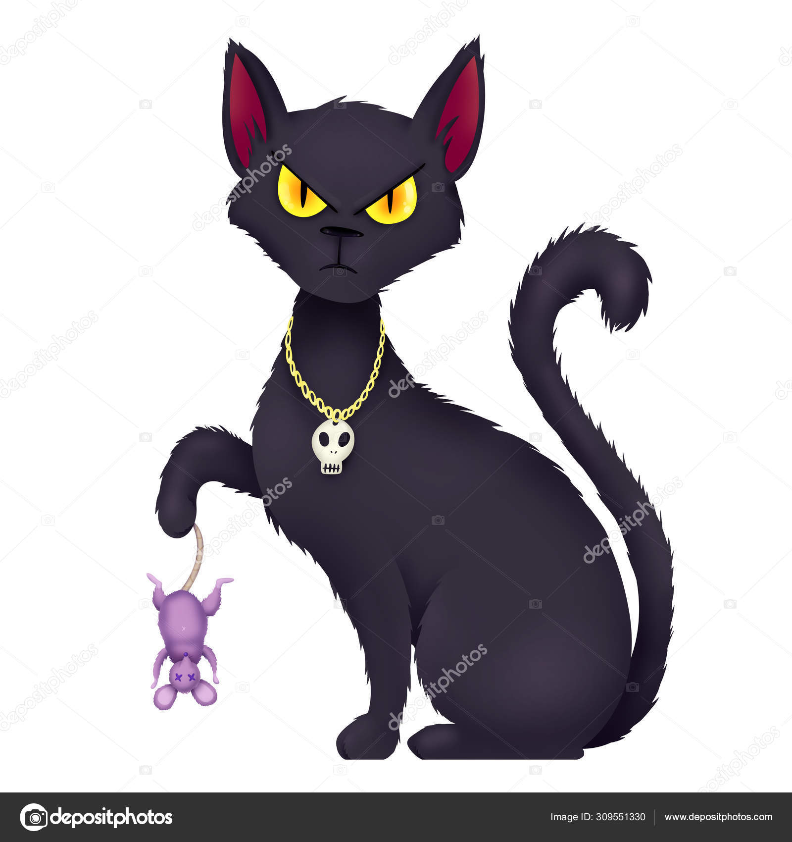 Black angry cat caught a mouse. Predator. Stock Illustration by