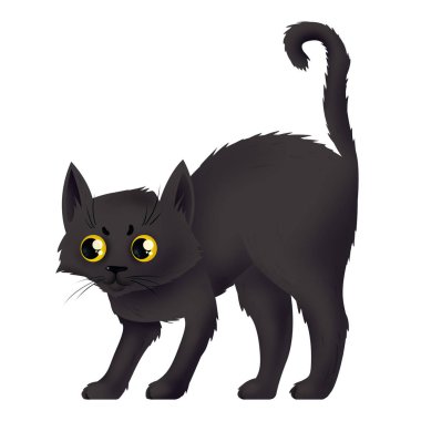 Korkmuş bir kara kedi. Cadının yardımcısı. Illüstrasyon