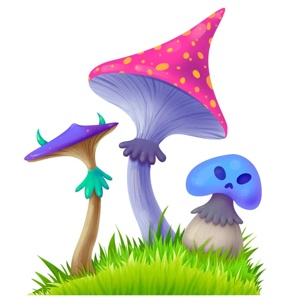 Drie verschillende giftige paddenstoelen. Gevaarlijk eten. Halloween — Stockfoto