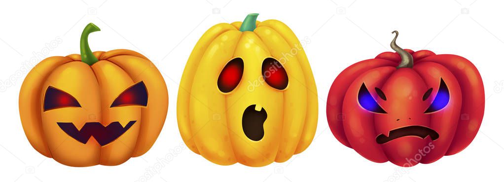 Three different pumpkins. Burning eyes. Set illustrations