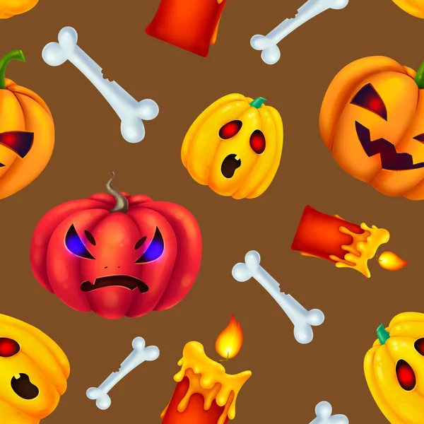 Seamless pattern for Halloween. Different pumpkins, bones — Stock Photo, Image