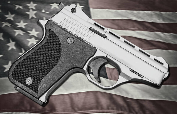 Silver Handgun over American Flag. Patriotic, Second Amendment Concept