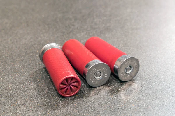 Shotgun Shells Munitie Gauge Geïsoleerd Zwarte Tabel — Stockfoto