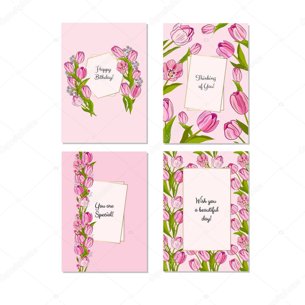 Spring floral cards with blossom and lettering. Springtime poster. Vector illustration.