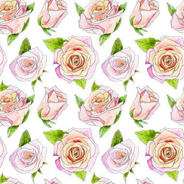 Suluboya gül ve yaprakları ile Dikişsiz desen. El boyaması arka plan. duvar kağıdı veya kumaş için çiçek desen. Çiçek gül.