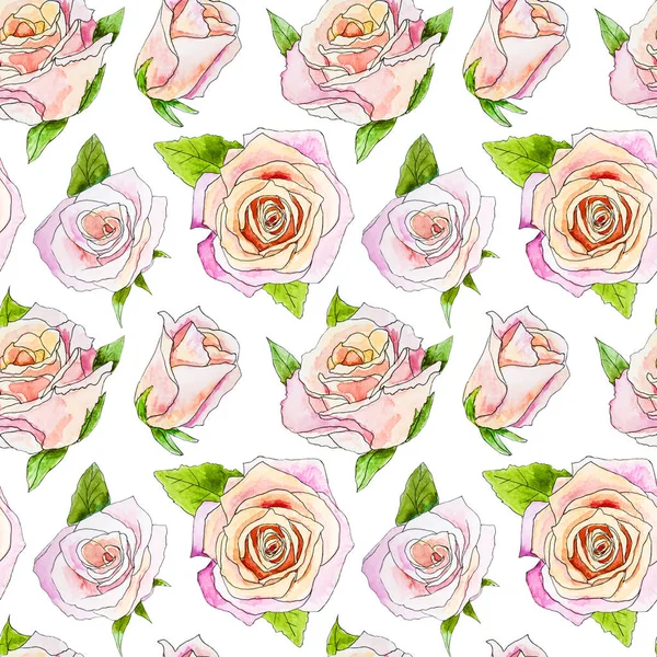 Patrón sin costuras con rosas y hojas de acuarela. Fondo pintado a mano. patrón floral para papel pintado o tela. Rosa flor . — Foto de Stock
