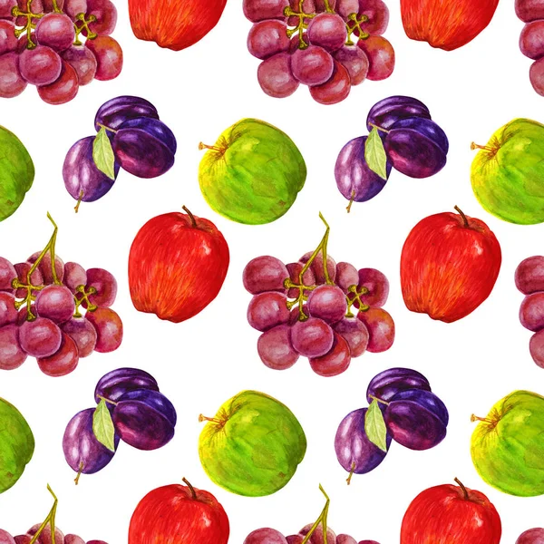 Padrão sem costura com frutas texturizadas aquarela: maçãs, uvas e ameixas — Fotografia de Stock
